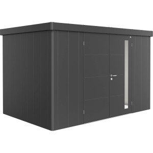 Moderno capanno da giardino Biohort Neo 2D grigio scuro con doppia porta e finestra.