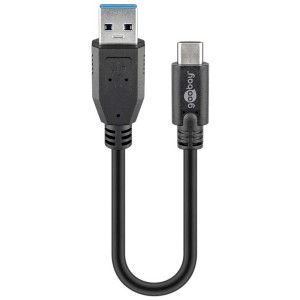 Cavo nero USB-C a USB-A 3.0, 15 cm, per trasferimento dati veloce.