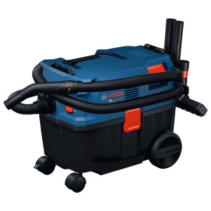 Aspirateur Bosch Professional GAS 12-25 LS bleu/noir avec tuyau et roues pour chantier et atelier.