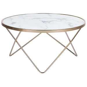 Tavolino rotondo Meridian con piano in marmo e struttura in metallo color oro, diametro 80 cm.