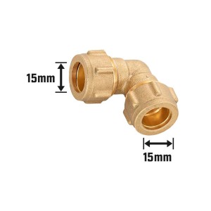 Raccordo a compressione a gomito in ottone, Ø 15 mm, per sistemi di tubazioni.