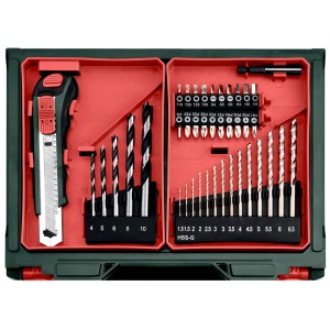 Perceuse-visseuse à percussion sans fil Metabo PowerMaxx SB Basic-Set en coffret avec forets et embouts.