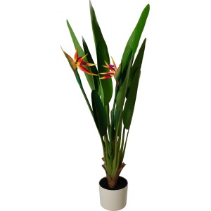 Pianta artificiale Strelitzia, alta 120 cm, con foglie verdi e fiori arancioni in vaso.
