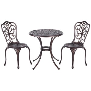 Set bistro Beliani TRIORA/ANDALO in alluminio marrone con tavolo e due sedie per balcone.