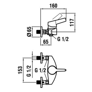 Disegno tecnico del miscelatore monocomando per doccia Similor Swap cromato con dimensioni.