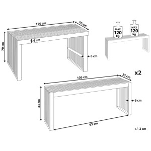 Dimensions et charge du salon de jardin Beliani Bellano 3 p. en acacia: table (120x70x70 cm, 120 kg), 2 bancs (105x35x43 cm, 120 kg chacun).
