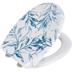 Wenko Catala sedile WC con decoro foglie blu e chiusura ammortizzata.