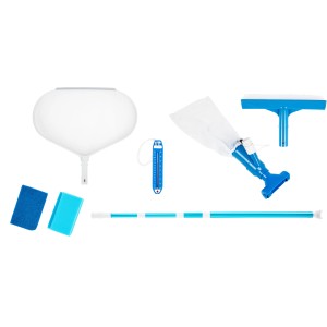 Kit de nettoyage de piscine Steinbach 7 pièces : aspirateur, épuisette, brosse, thermomètre et manche télescopique.