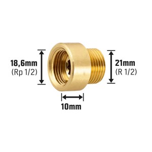 Prolunga rubinetto in ottone, 18,6 mm (Rp 1/2) x 21 mm (R 1/2), estensione 10 mm per raccordi filettati.