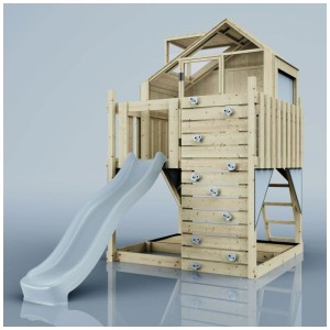 Maisonnette sur pilotis OutdoorToys Meteorit en bois avec toboggan, mur d'escalade et aire de jeux couverte.
