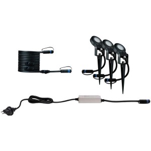Paulmann Plug & Shine starter set con 3 faretti a picchetto, trasformatore e cavo per illuminazione giardino.