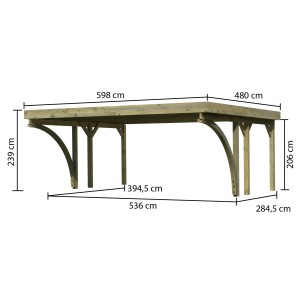 Karibu Doppelcarport Classic mit Maßangaben. Holzkonstruktion mit Stahl-Dacheindeckung.