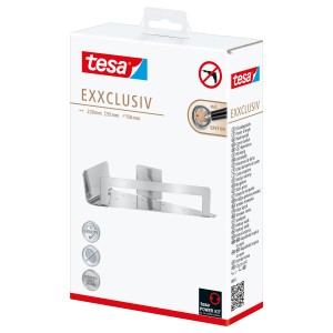 Étagère d'angle de douche Tesa Exxclusiv aspect inox, pour montage mural sans perçage.