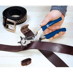 LUX Revolverlochzange 220 mm Comfort perçant une ceinture en cuir.