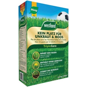 Westland TripleCare engrais gazon 3,5kg : Engrais NPK avec fer contre la mousse et les mauvaises herbes, pour une pelouse verte et dense.