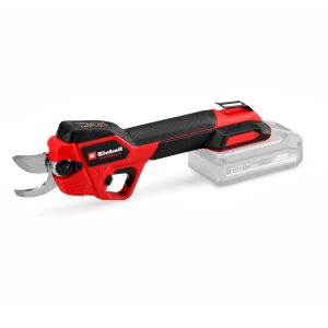 Forbice per rami a batteria Einhell GP-LS 18/28 Li T BL-Solo, rosso/nero, con batteria sullo sfondo.