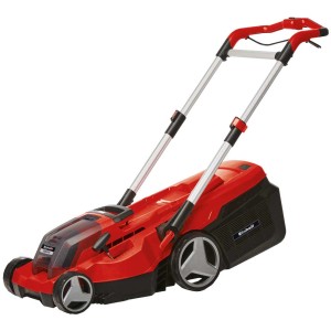 Tondeuse à batterie Einhell Rasarro avec 2 batteries, rouge/noir, avec manche réglable.