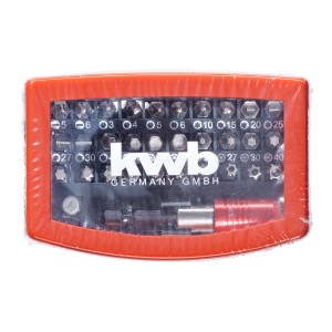 Boîte de 32 embouts KWB dans un coffret en plastique rouge avec clip ceinture, set d'outils.