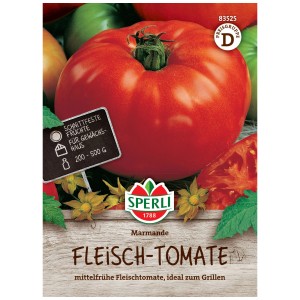 Sperli graines de tomate Marmande, tomate orange-rouge sur l'emballage. Idéal pour les grillades.