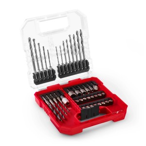 Einhell L-Case, set d'accessoires 40 pièces avec forets et embouts dans une boîte de rangement rouge.