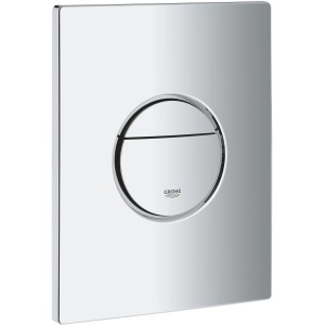 Placca di comando WC Grohe Nova Cosmopolitan in bianco e acciaio inox con finitura cromata.