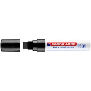 Edding 4090 Kreidemarker, schwarz, mit Keilspitze und abgenommener Kappe.