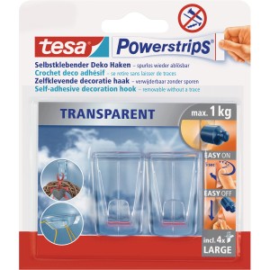 Tesa Powerstrips crochets déco transparents, lot de 2 avec 4 languettes adhésives pour décorations jusqu'à 1 kg.
