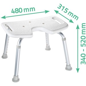 Tabouret de douche Ridder blanc réglable en hauteur avec découpe d'hygiène et cadre en aluminium.