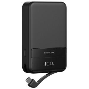 Batterie externe noire Ecoflow Rapid 10 000 mAh avec câble USB-C et écran LED.