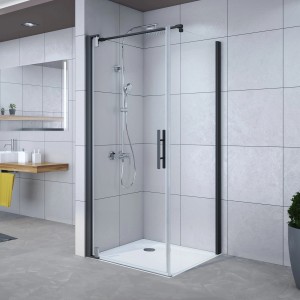 Breuer Drehtür Europa Design, 90 cm, Klarglas, Schwarz matt, für Dusche mit Seitenwand.