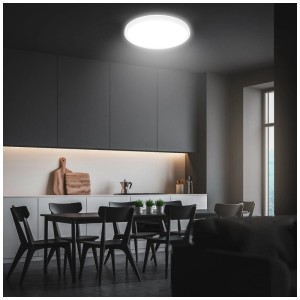 Plafonnier LED blanc Briloner Kada, Ø 42 cm, lumière blanche neutre, dans salle à manger moderne.
