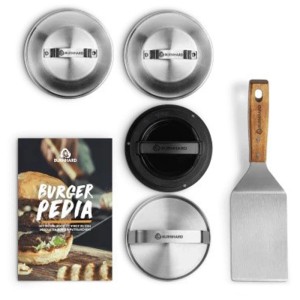 Set burger Burnhard 6 pezzi: pressa per hamburger, cupole per fondere, spatola e libro di ricette Burgerpedia.