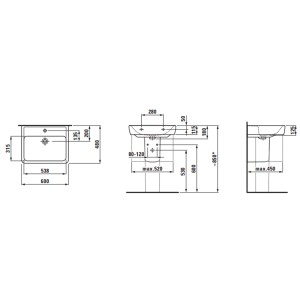 Schéma technique de l'ensemble lavabo Laufen Pro, dimensions et détails.