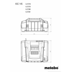 Dessin technique du chargeur rapide Metabo ASC 145 pour batteries d'outils électriques avec dimensions.