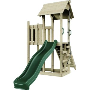 PolarPlay Tromso torre gioco in legno con scivolo verde e balcone.