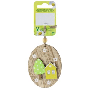 Uovo di Pasqua in legno giallo (8 cm) con casetta e albero da appendere.