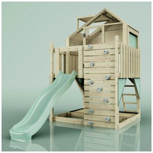 Cabane sur pilotis OutdoorToys Meteorit en bois avec toboggan vert menthe et mur d'escalade.