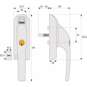 Dessin technique de la poignée de fenêtre avec alarme Abus FG300A Argent avec dimensions.