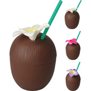 Gobelet en forme de noix de coco avec paille et fleur, 650 ml, couleurs assorties.