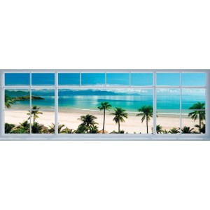 Deco Block Vista Spiaggia: Quadro da parete con effetto cornice finestra e spiaggia tropicale.