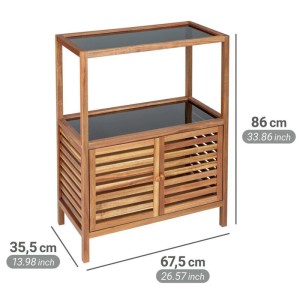 Étagère de salle de bain Wenko Fondi en acacia avec 2 portes, 2 étagères et des tablettes en verre. Style campagne.