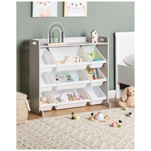 Étagère de chambre d'enfant Beliani Collie grise en MDF avec 9 boîtes blanches pour jouets et livres.