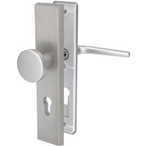 Langschildgarnitur Tira II Alu F9 mit Knopf/Drücker für Wohnungseingangstüren.