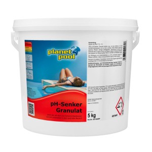 Seau de granulés PH-Minus pour l'entretien de la piscine. Baisse le pH pour une eau optimale.