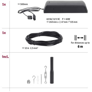 Set base sistema a cavo Paulmann, nero, 12m, con trasformatore, cavo e accessori di montaggio per lampade a soffitto.