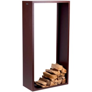 Étagère à bois de cheminée Nova 150 en acier aspect rouille, remplie de bûches.