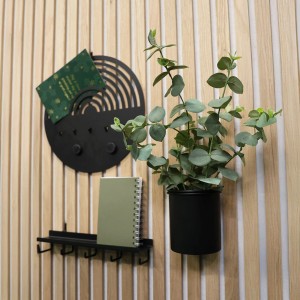 Portaoggetti nero Denpanels con pianta su parete a pannelli acustici.
