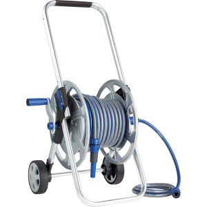 Set carrello avvolgitubo in metallo LUX Comfort con tubo da giardino da 30 m, doccetta e raccordi.