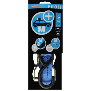 Sangle d'arrimage bleue, largeur 23 mm, longueur 5 m, avec cliquet et crochets pour un transport sécurisé.