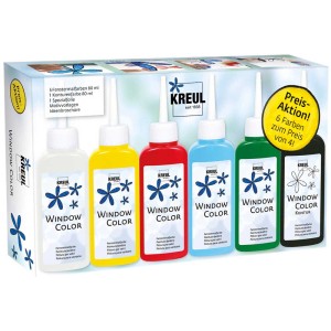 Kreul Window Color Set mit 6 Farben, inklusive Konturfarbe, Folie und Vorlagen.